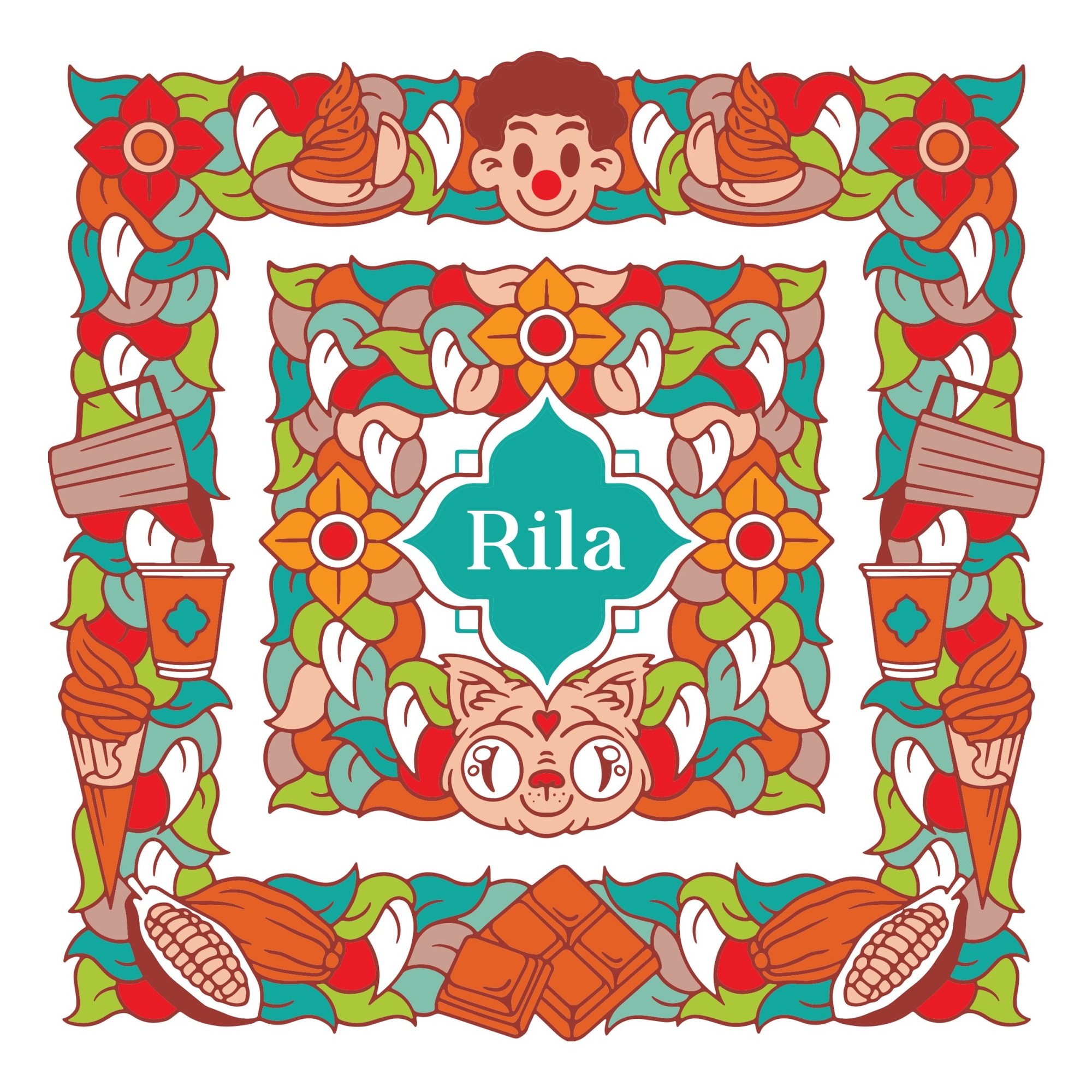 คำว่า Rila สีขาวอยู่กลางรูปทรงสีเขียวอมฟ้า ล้อมด้วยใบไม้ ดอกไม้ ใบหน้าคน หัวแมว ขนม และถ้วย จัดวางเกือบสมมาตรบนพื้นขาว